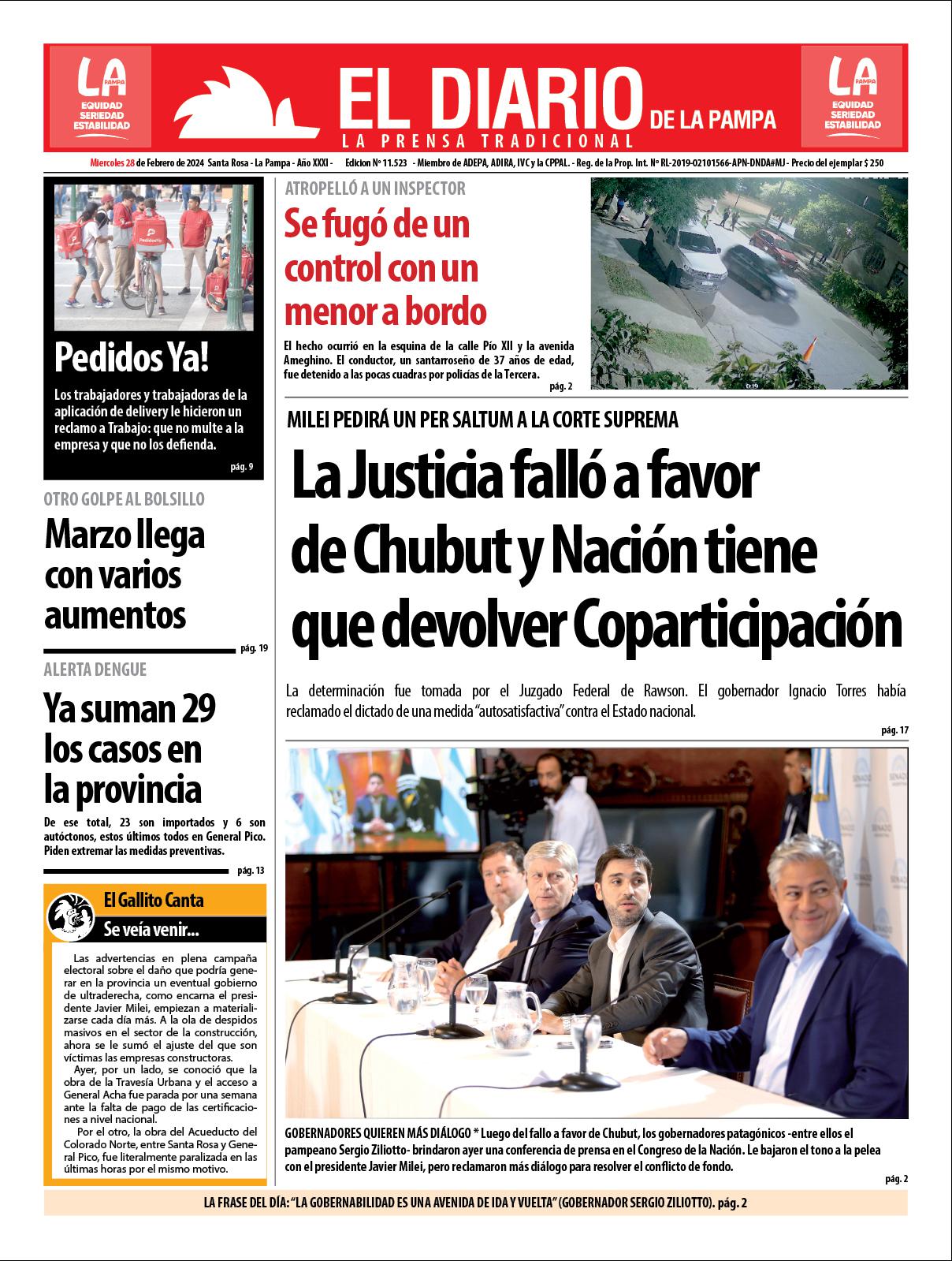 Tapa de El Diario en papel  mieacutercoles 28 de febrero de 2024